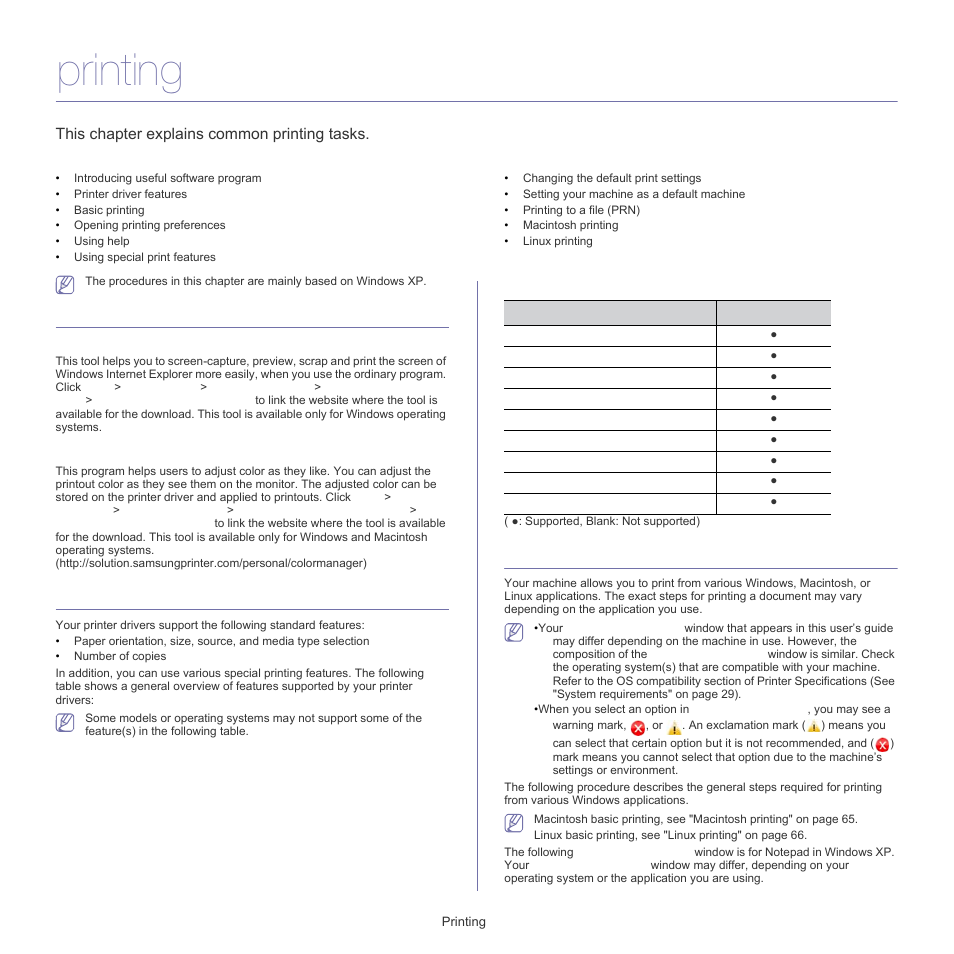 Printing, Introducing useful software program, Printer driver features | Basic printing, Samsung anyweb print, Samsung easy color manager, Printer driver, This chapter explains common printing tasks | Samsung CLP-320 User Manual | Page 59 / 103