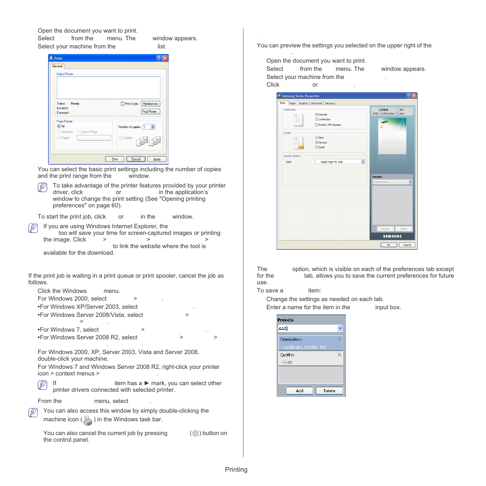 Opening printing preferences, Canceling a print job, Using a favorite setting | Opening printing preferences" on | Samsung CLP-320 User Manual | Page 60 / 103