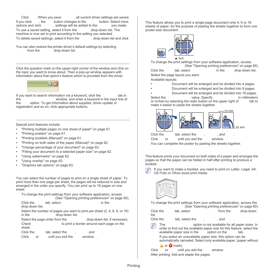 Using help, Using special print features, Printing posters | Printing booklets (manual), Printing multiple pages on one sheet of paper | Samsung CLP-320 User Manual | Page 61 / 103