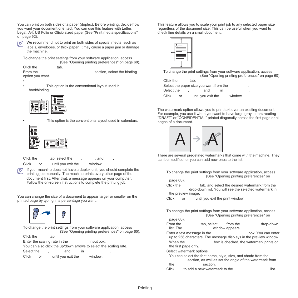 Printing on both sides of the paper (manual), Change percentage of your document, Fitting your document to a selected paper size | Using watermarks, Using watermarks" on | Samsung CLP-320 User Manual | Page 62 / 103