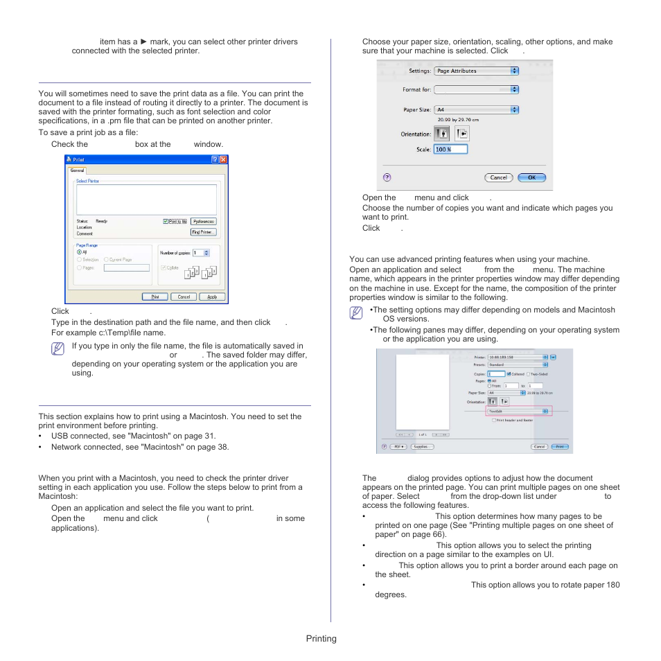 Printing to a file (prn), Macintosh printing, Printing a document | Changing printer settings | Samsung CLP-320 User Manual | Page 65 / 103