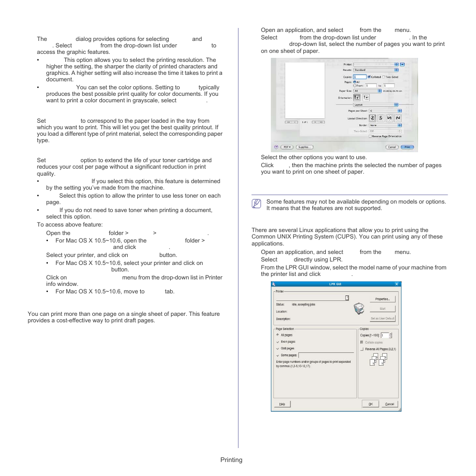 Linux printing, Printing from applications, Printing multiple pages on one sheet of paper | Samsung CLP-320 User Manual | Page 66 / 103