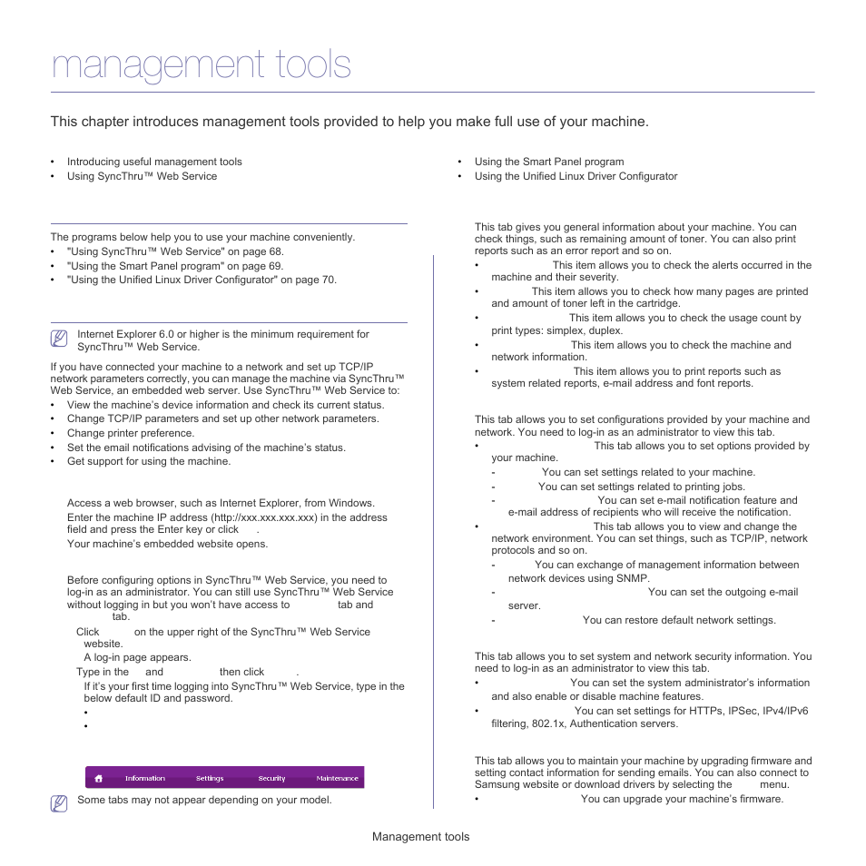 Management tools, Introducing useful management tools, Using syncthru™ web service | To access syncthru™ web service, Syncthru™ web service overview | Samsung CLP-320 User Manual | Page 68 / 103