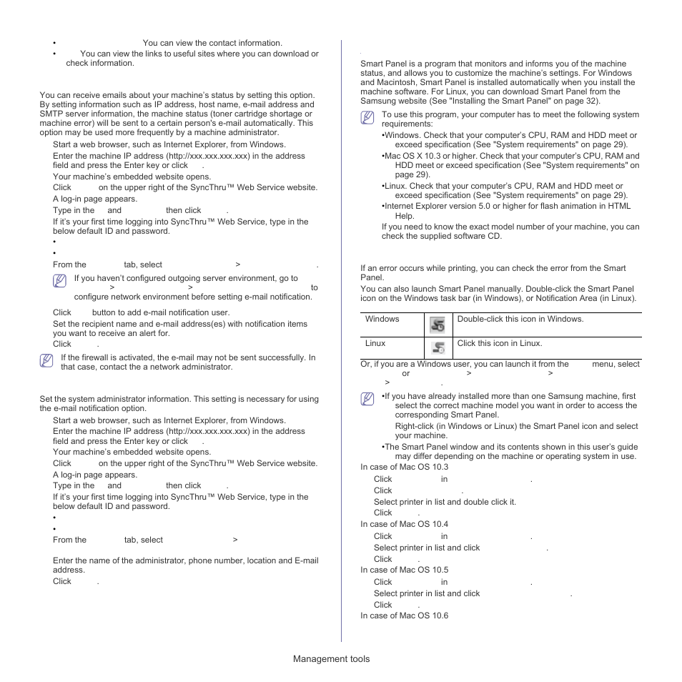 Using the smart panel program, E-mail notification setup, Setting the system administrator information | Understanding smart panel, For service (see "using the smart panel | Samsung CLP-320 User Manual | Page 69 / 103