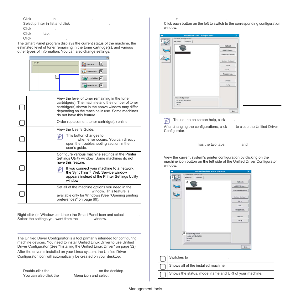Using the unified linux driver configurator, Changing the smart panel program settings, Opening the unified driver configurator | Printers configuration window, Printers tab | Samsung CLP-320 User Manual | Page 70 / 103
