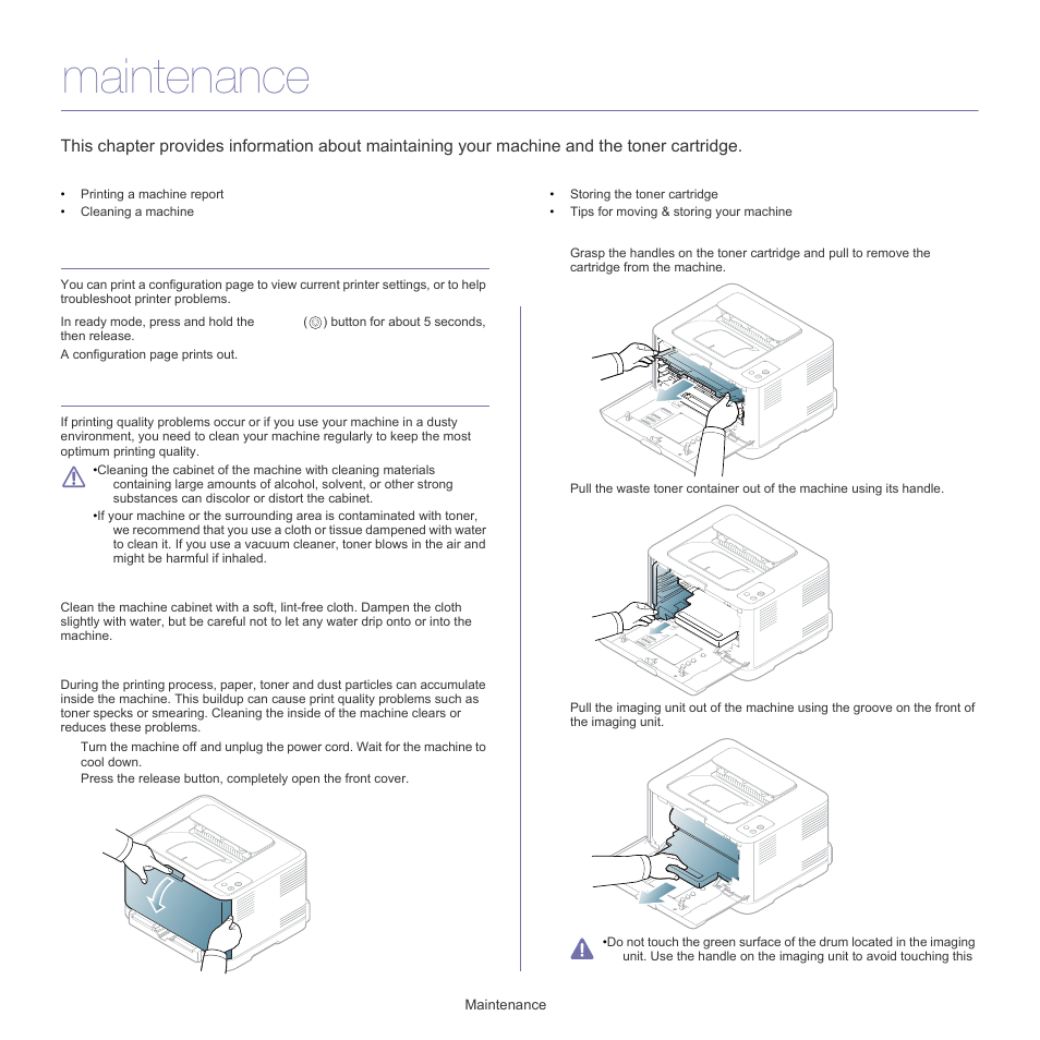 Maintenance, Printing a machine report, Cleaning a machine | Cleaning the outside, Cleaning the inside, E "printing a machine, Printing a machine report" on | Samsung CLP-320 User Manual | Page 72 / 103