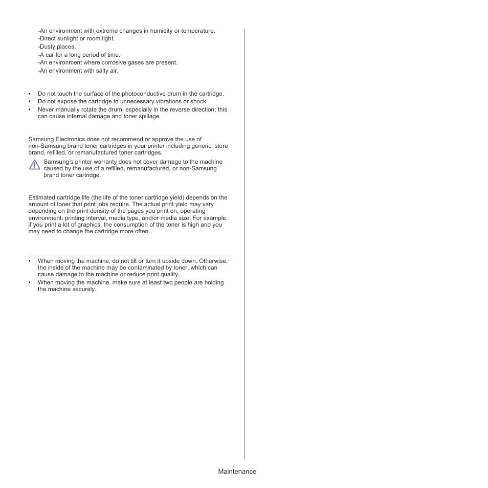 Tips for moving & storing your machine, Handling instructions, Use of non-samsung and refilled toner cartridge | Estimated cartridge life | Samsung CLP-320 User Manual | Page 74 / 103