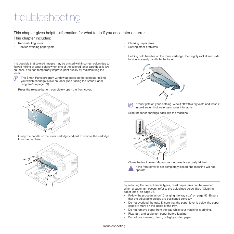 Troubleshooting, Redistributing toner, Tips for avoiding paper jams | Redistributing toner" on | Samsung CLP-320 User Manual | Page 75 / 103