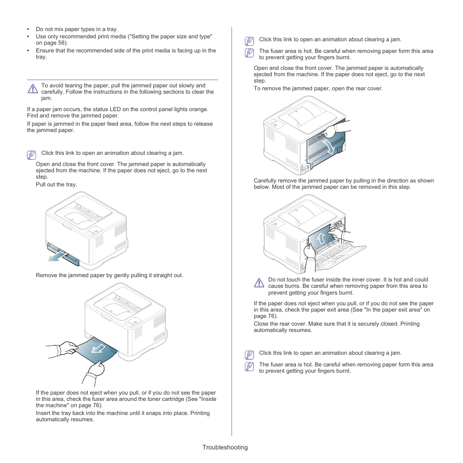 Clearing paper jams, In the tray, Inside the machine | In the paper exit area, Clearing paper jams" on, Low (see "clearing | Samsung CLP-320 User Manual | Page 76 / 103