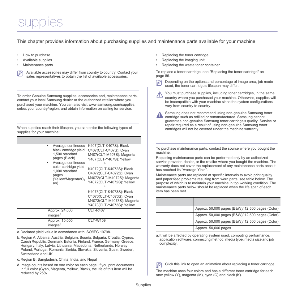 Supplies, How to purchase, Available supplies | Maintenance parts, Replacing the toner cartridge, See "replacing the toner, See "replacing the toner cartridge, See "replacing the toner cartridge" on, Replacing the toner, Replacing the toner cartridge" on | Samsung CLP-320 User Manual | Page 86 / 103