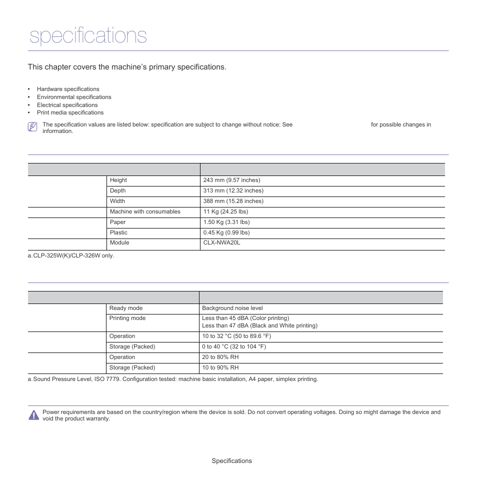 Specifications, Hardware specifications, Environmental specifications | Electrical specifications | Samsung CLP-320 User Manual | Page 90 / 103