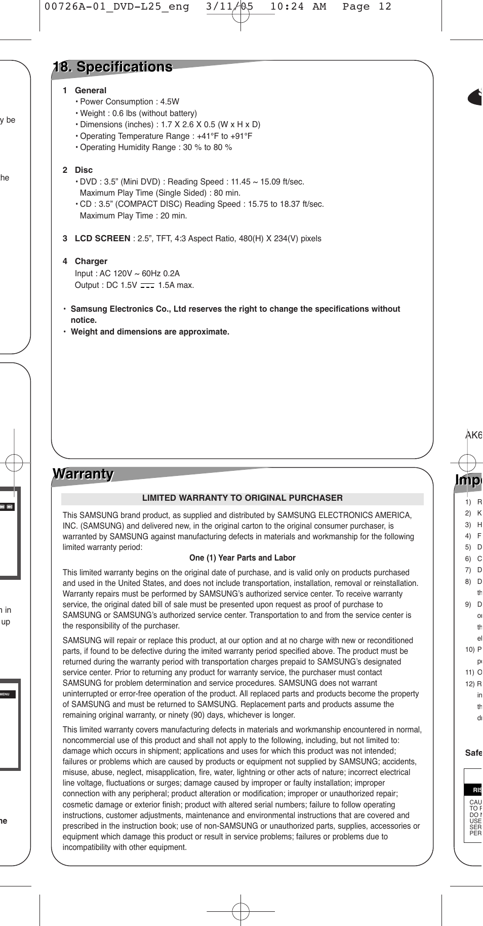 Specifications, Warranty, Imp impo | Samsung DVD-L25 User Manual | Page 12 / 12