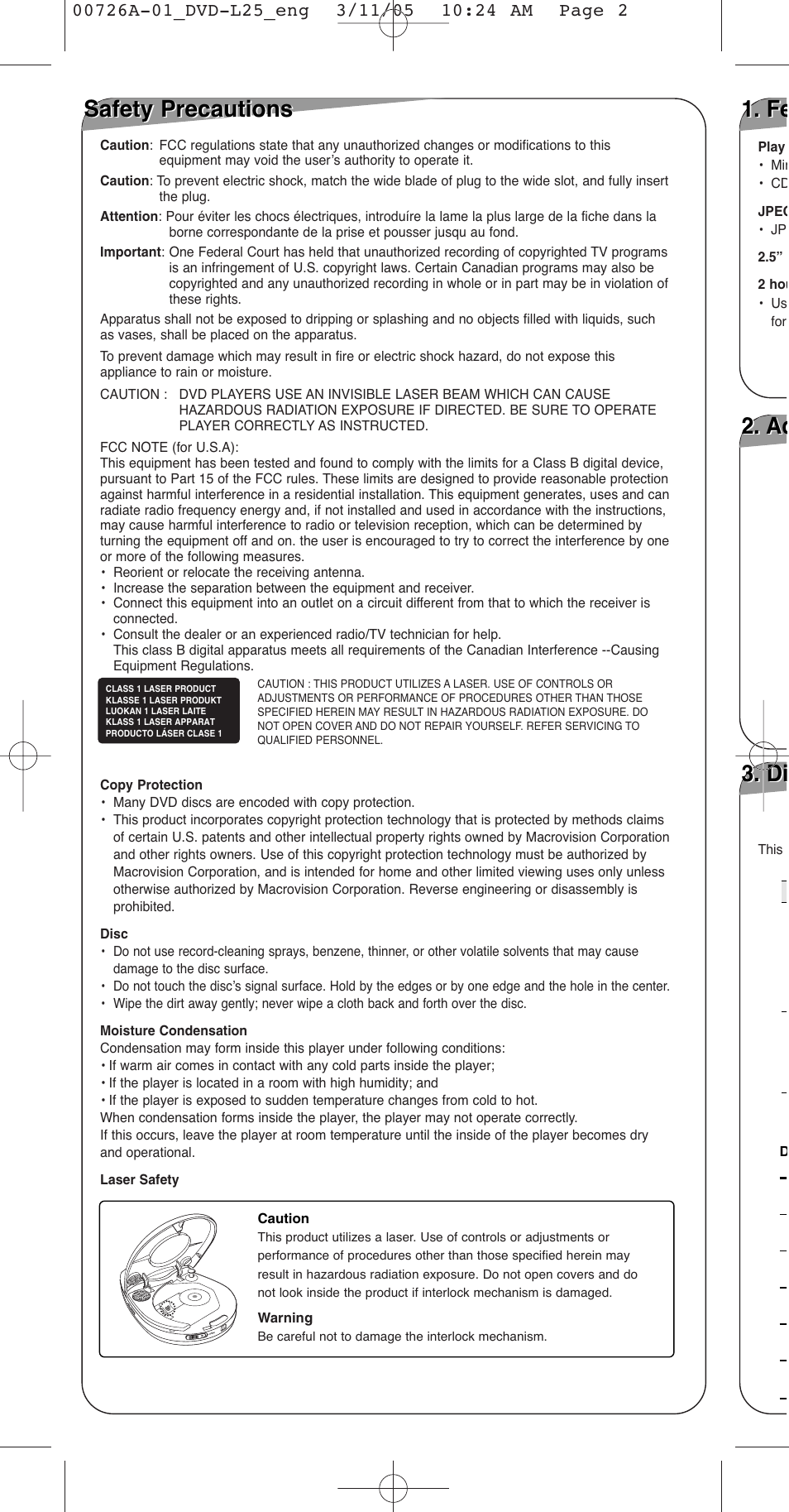 Safety precautions safety precautions, Safety precautions, Safety precautions 1. fe 1. fe | Ac 3. di 3. di | Samsung DVD-L25 User Manual | Page 2 / 12