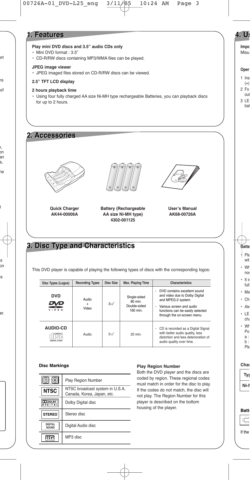 Features, Accessories door open, Disc type and characteristics | Accessories, Ntsc | Samsung DVD-L25 User Manual | Page 3 / 12