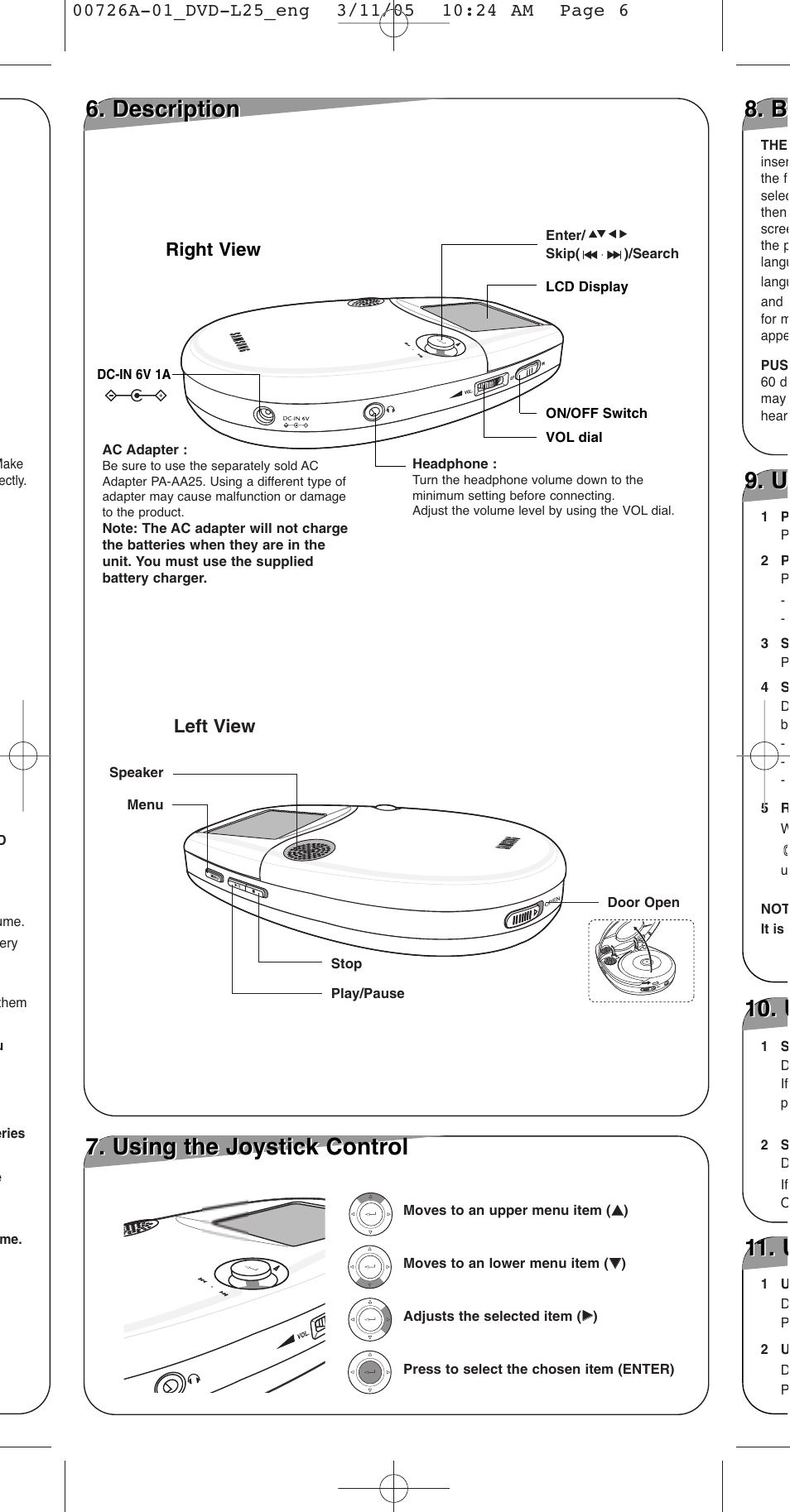 Description, Using the joystick control, Left view | Right view | Samsung DVD-L25 User Manual | Page 6 / 12