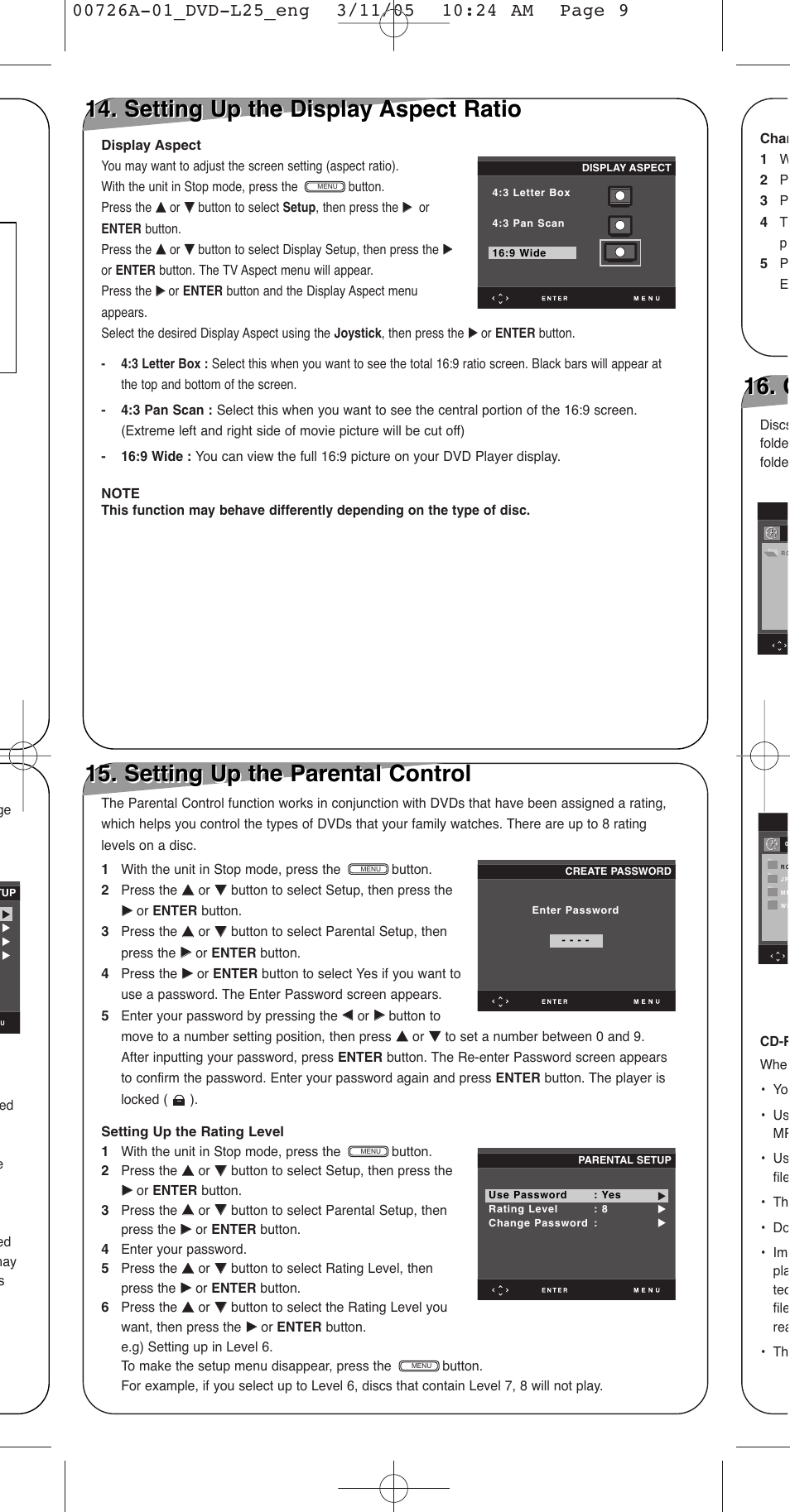 Setting up the display aspect ratio, Setting up the parental control | Samsung DVD-L25 User Manual | Page 9 / 12