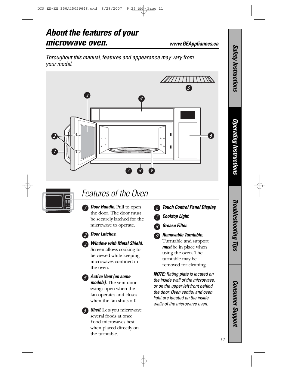 About the features of yourmicrowave oven, About the features of your microwave oven, Features of the oven | Samsung Spacemaker PVM1870 User Manual | Page 11 / 44