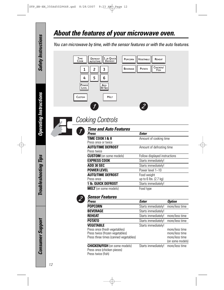 About the features of your microwave oven, Cooking controls, Time and auto features | Sensor features | Samsung Spacemaker PVM1870 User Manual | Page 12 / 44