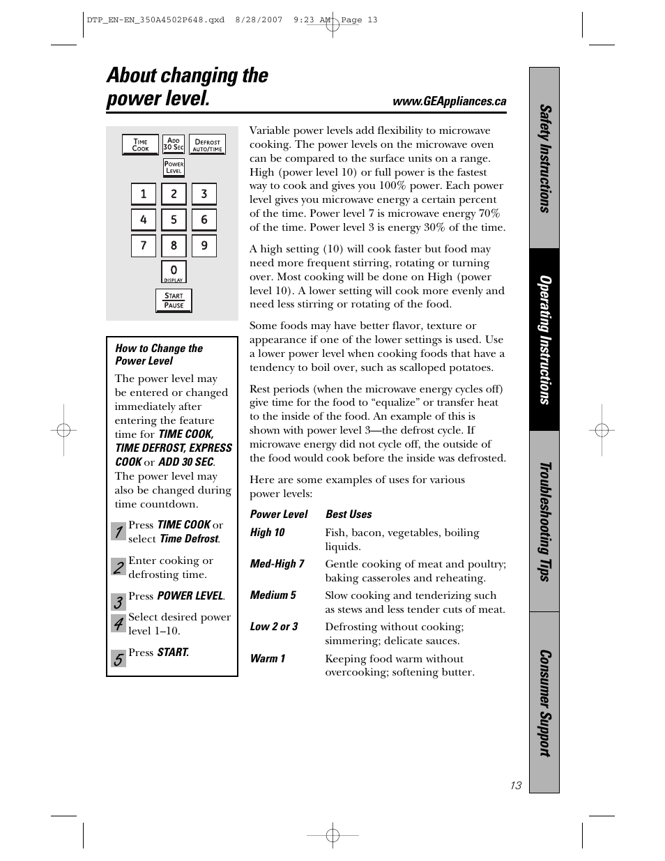 About changing thepower level, About changing the power level | Samsung Spacemaker PVM1870 User Manual | Page 13 / 44
