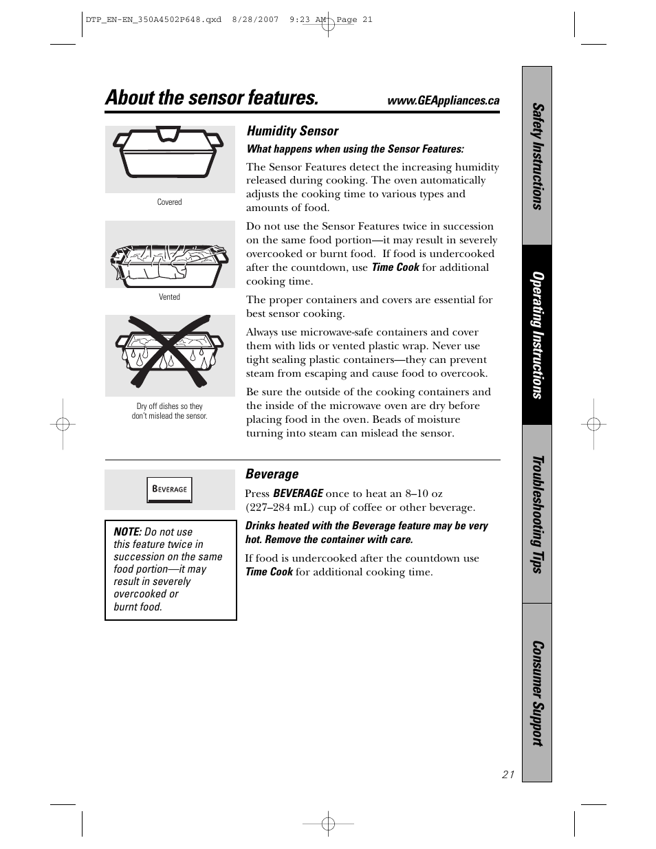 About the sensor features | Samsung Spacemaker PVM1870 User Manual | Page 21 / 44