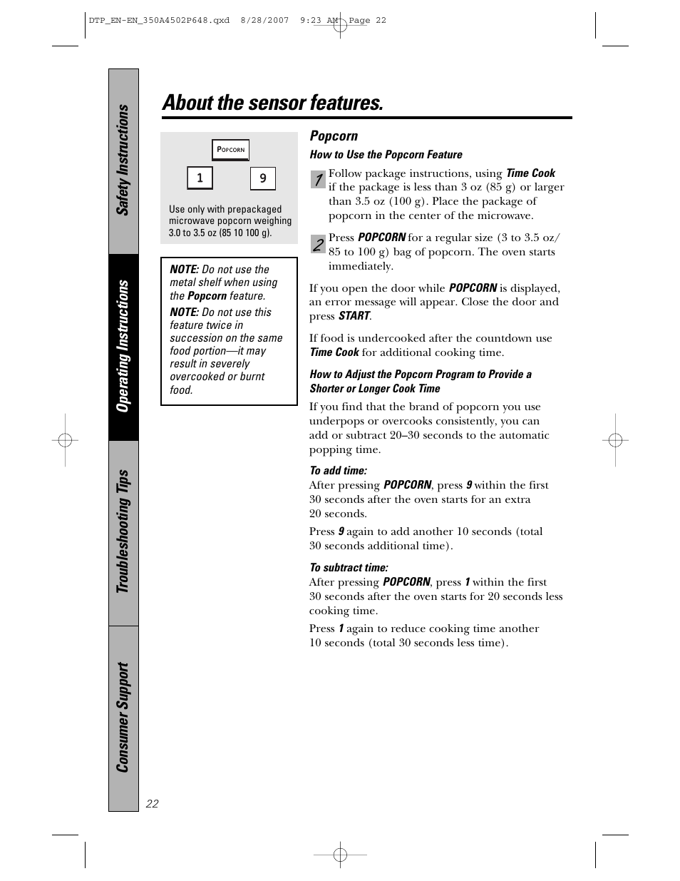 About the sensor features | Samsung Spacemaker PVM1870 User Manual | Page 22 / 44