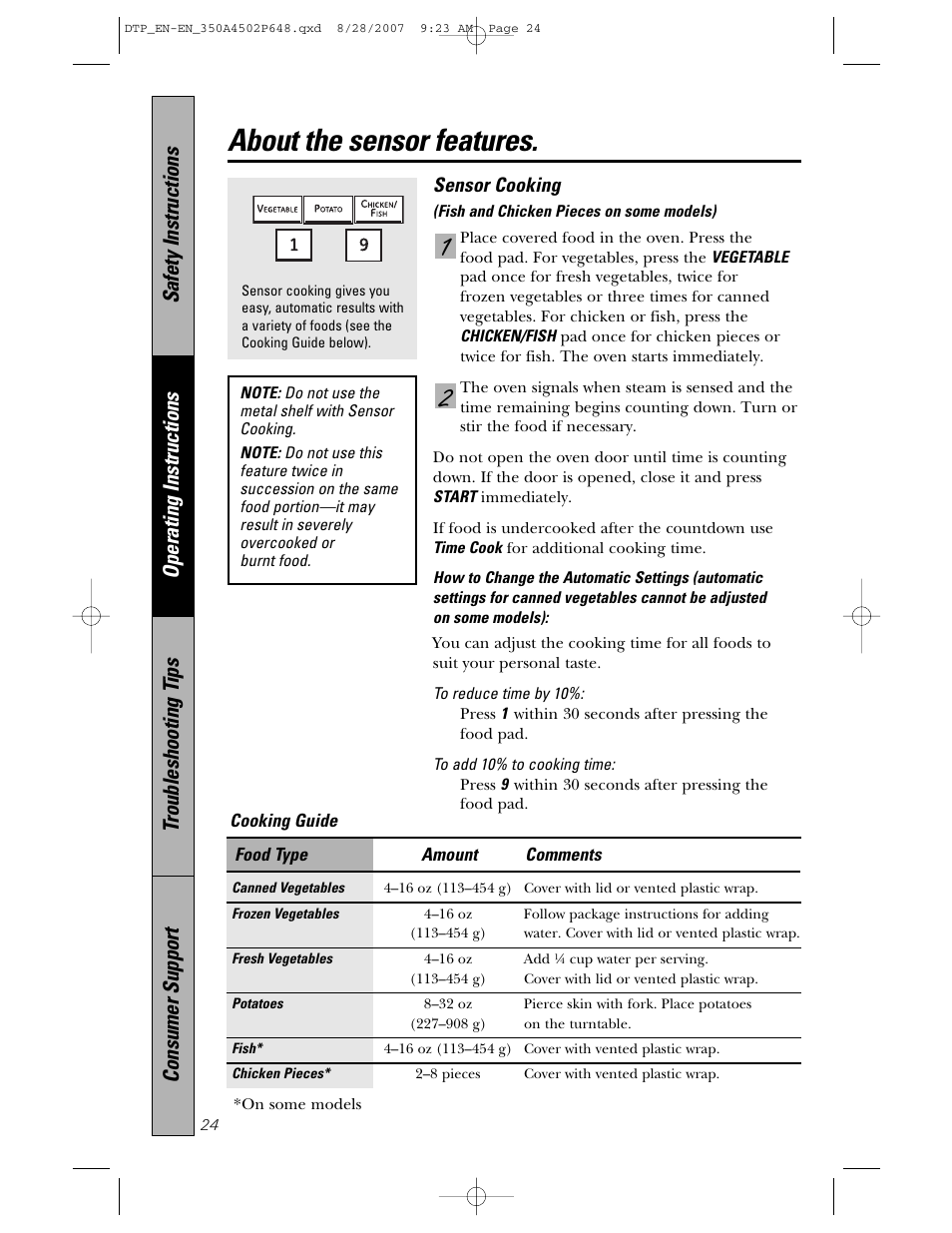 About the sensor features | Samsung Spacemaker PVM1870 User Manual | Page 24 / 44