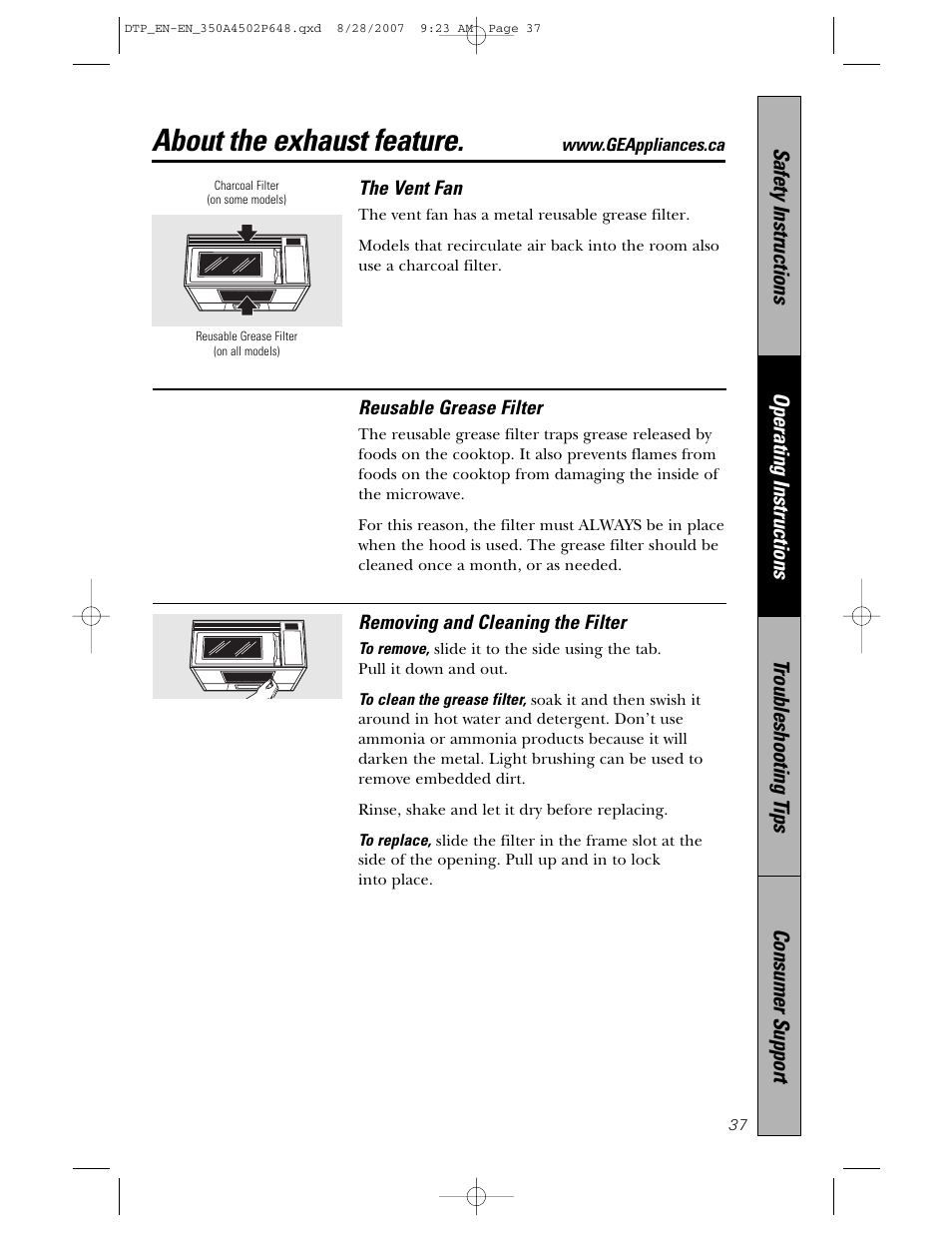 About the exhaust feature | Samsung Spacemaker PVM1870 User Manual | Page 37 / 44