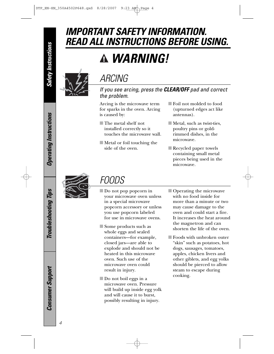 Warning, Foods, Arcing | Samsung Spacemaker PVM1870 User Manual | Page 4 / 44