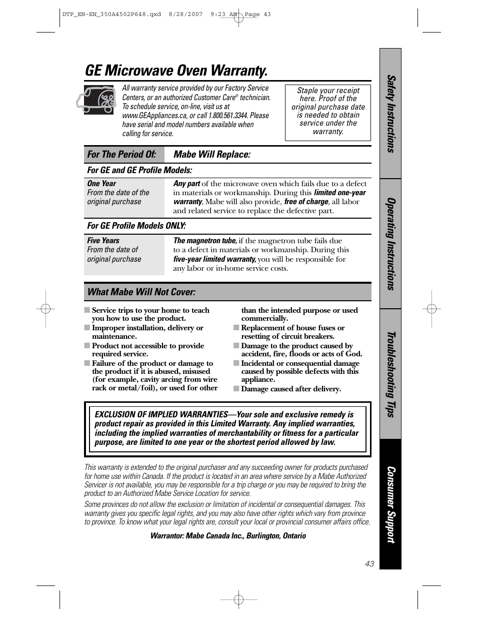 Ge microwave oven warranty | Samsung Spacemaker PVM1870 User Manual | Page 43 / 44