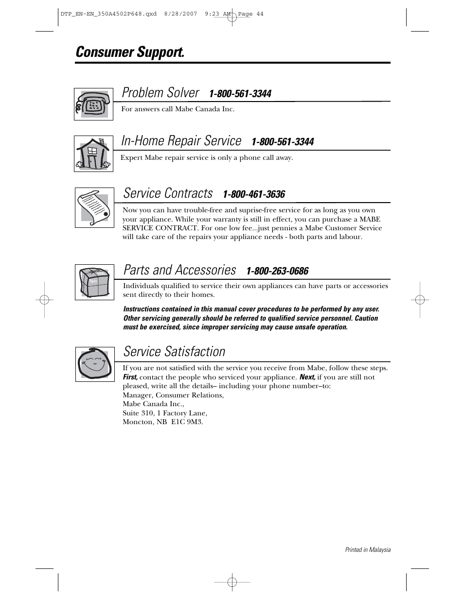 Consumer support, Problem solver, In-home repair service | Service contracts, Parts and accessories, Service satisfaction | Samsung Spacemaker PVM1870 User Manual | Page 44 / 44