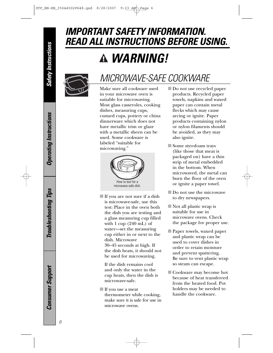 Warning, Microwave-safe cookware | Samsung Spacemaker PVM1870 User Manual | Page 6 / 44