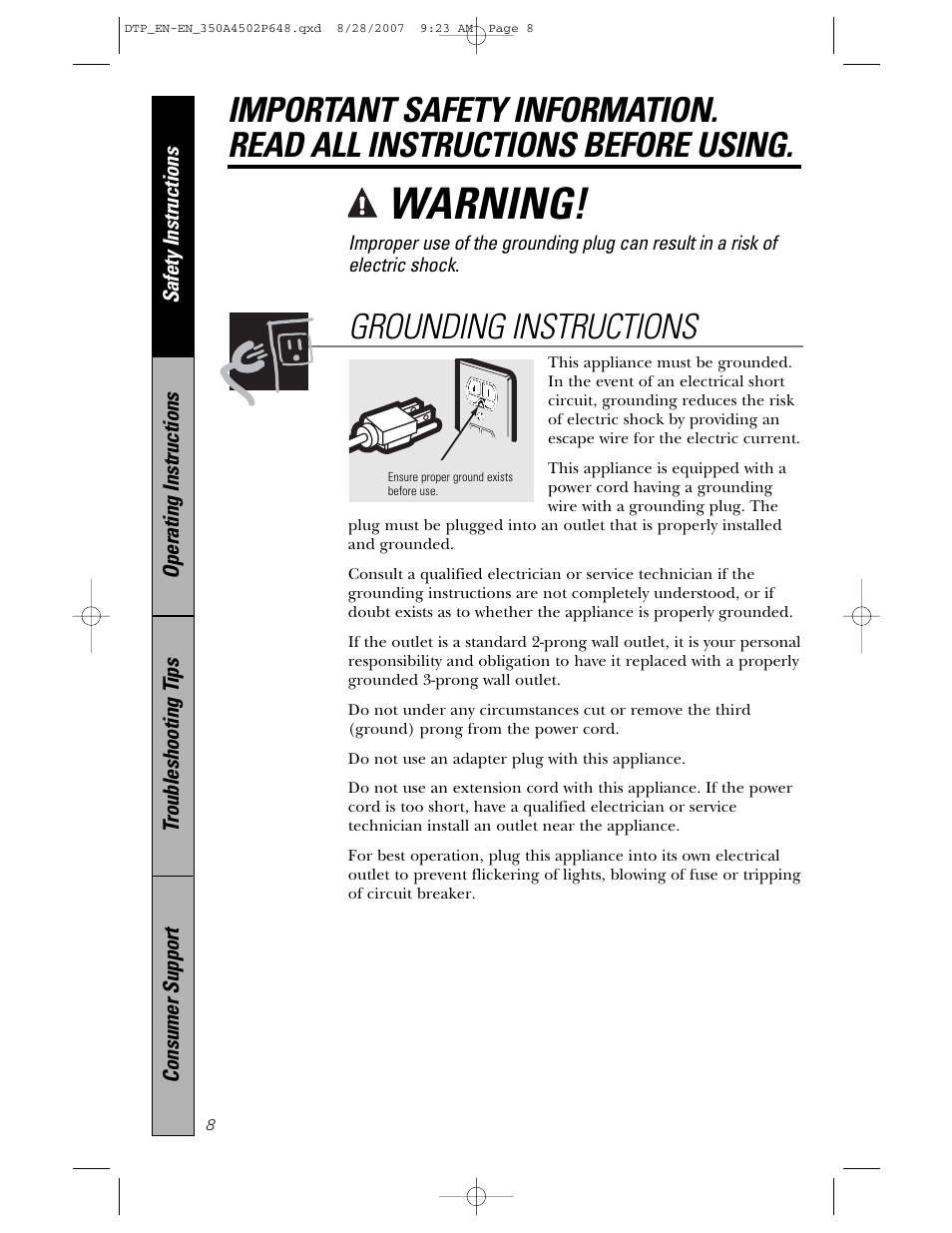 Warning, Grounding instructions | Samsung Spacemaker PVM1870 User Manual | Page 8 / 44