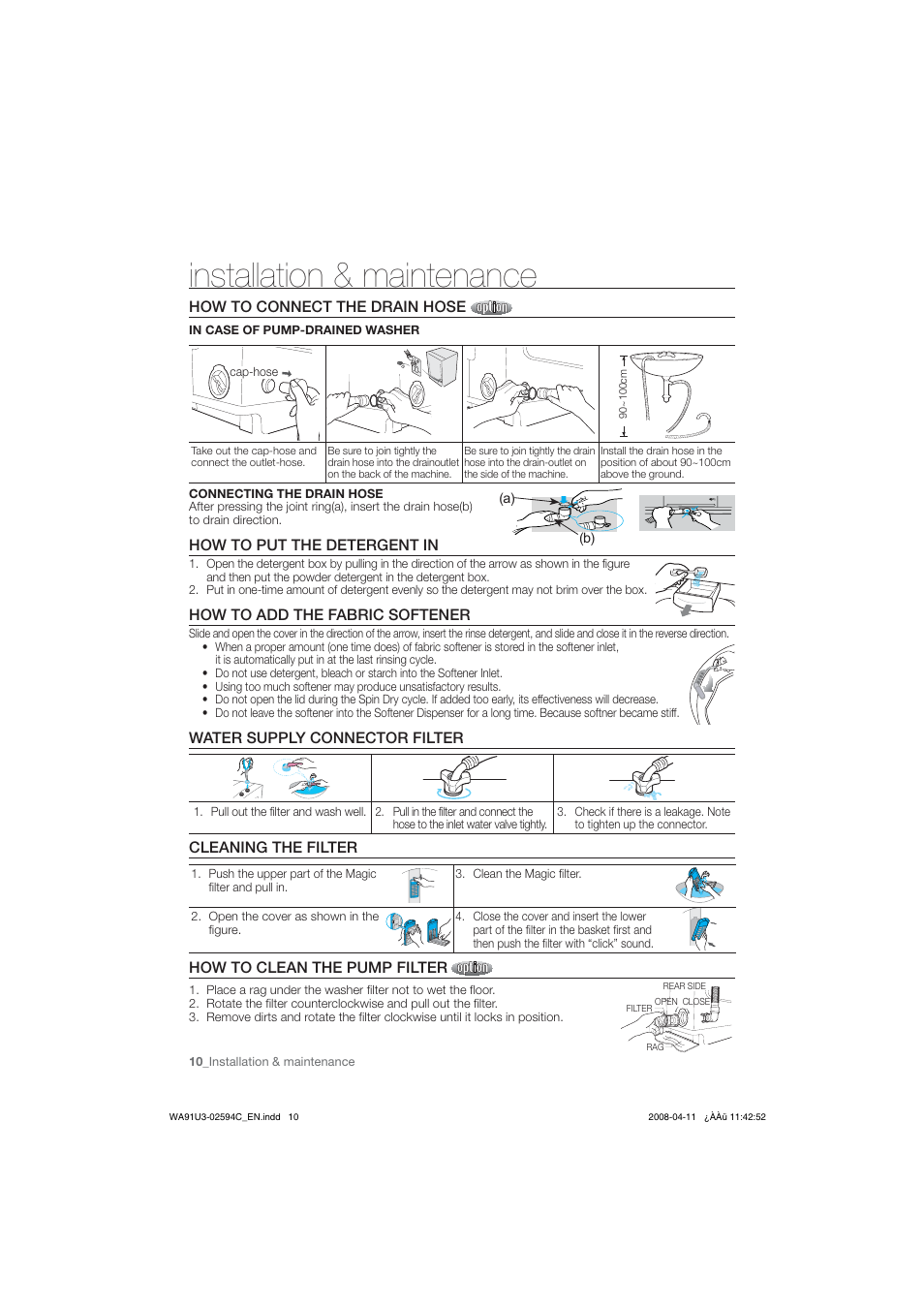 Installation ^ maintonance, How to connect the drain hose, How to put the detergent in | How to add the fabric softener, Water supply connector filter, Cleaning the filter, How to clean the pump filter, 10_lnstallation & maintenance | Samsung WA80V3 User Manual | Page 10 / 12