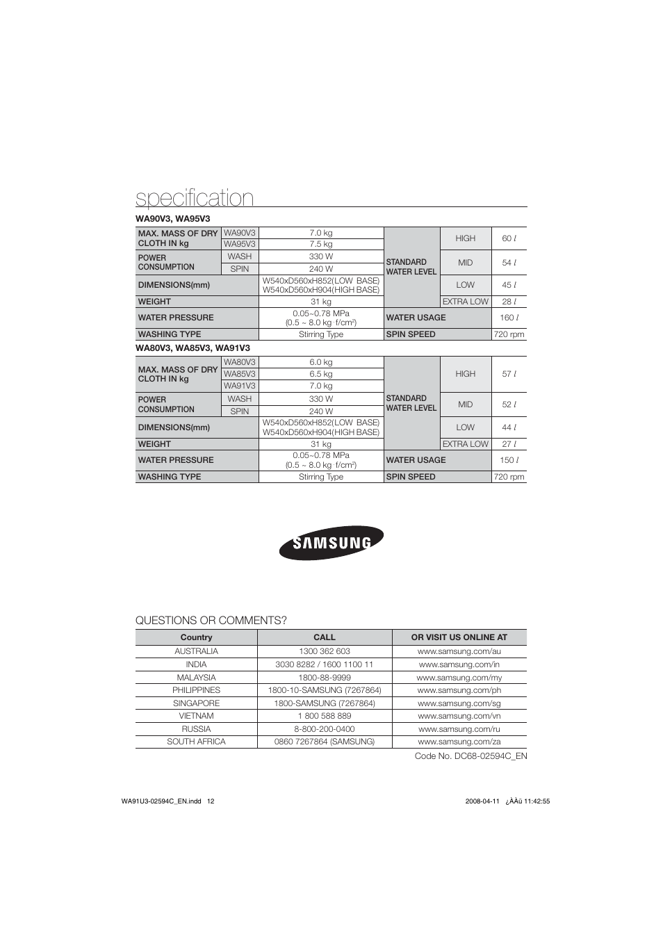 Specification | Samsung WA80V3 User Manual | Page 12 / 12