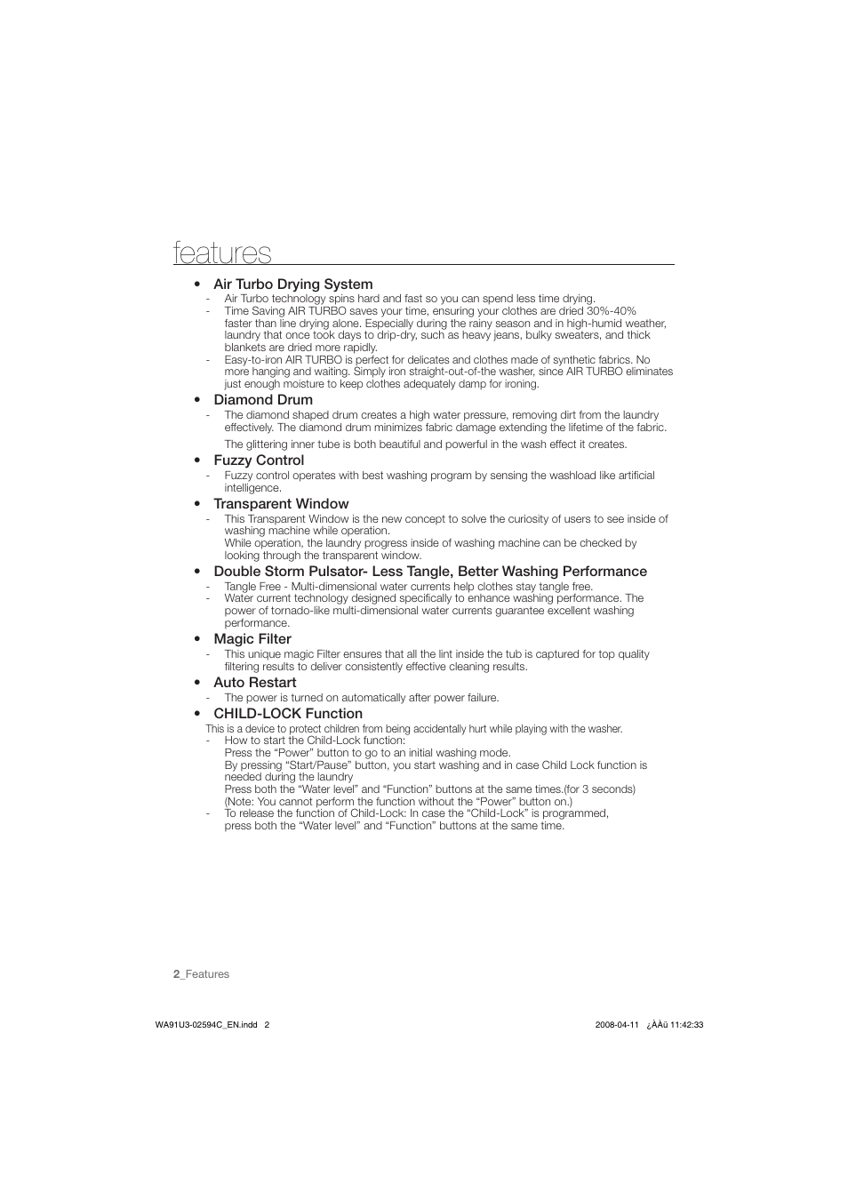 Foaturos, Air turbo drying system, Diamond drum | Fuzzy control, Transparent window, Magic filter, Auto restart, Child-lockfunction, 2_features | Samsung WA80V3 User Manual | Page 2 / 12