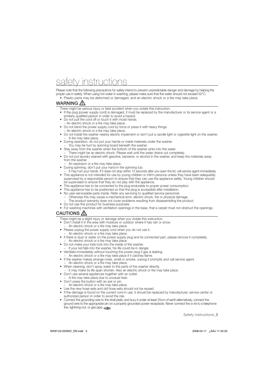 Safet^instructions, Warning a, Cautions a | Safety instructions_3 | Samsung WA80V3 User Manual | Page 3 / 12