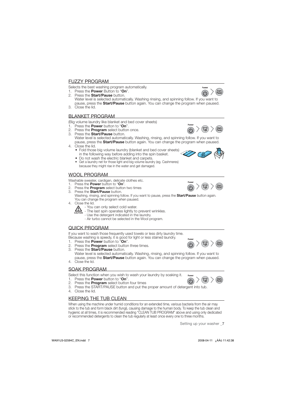 Fuzzy program, Riankft program, Wool program | Quick program, Soak program, Keeping thetubclean, Setting up your washer _7 | Samsung WA80V3 User Manual | Page 7 / 12