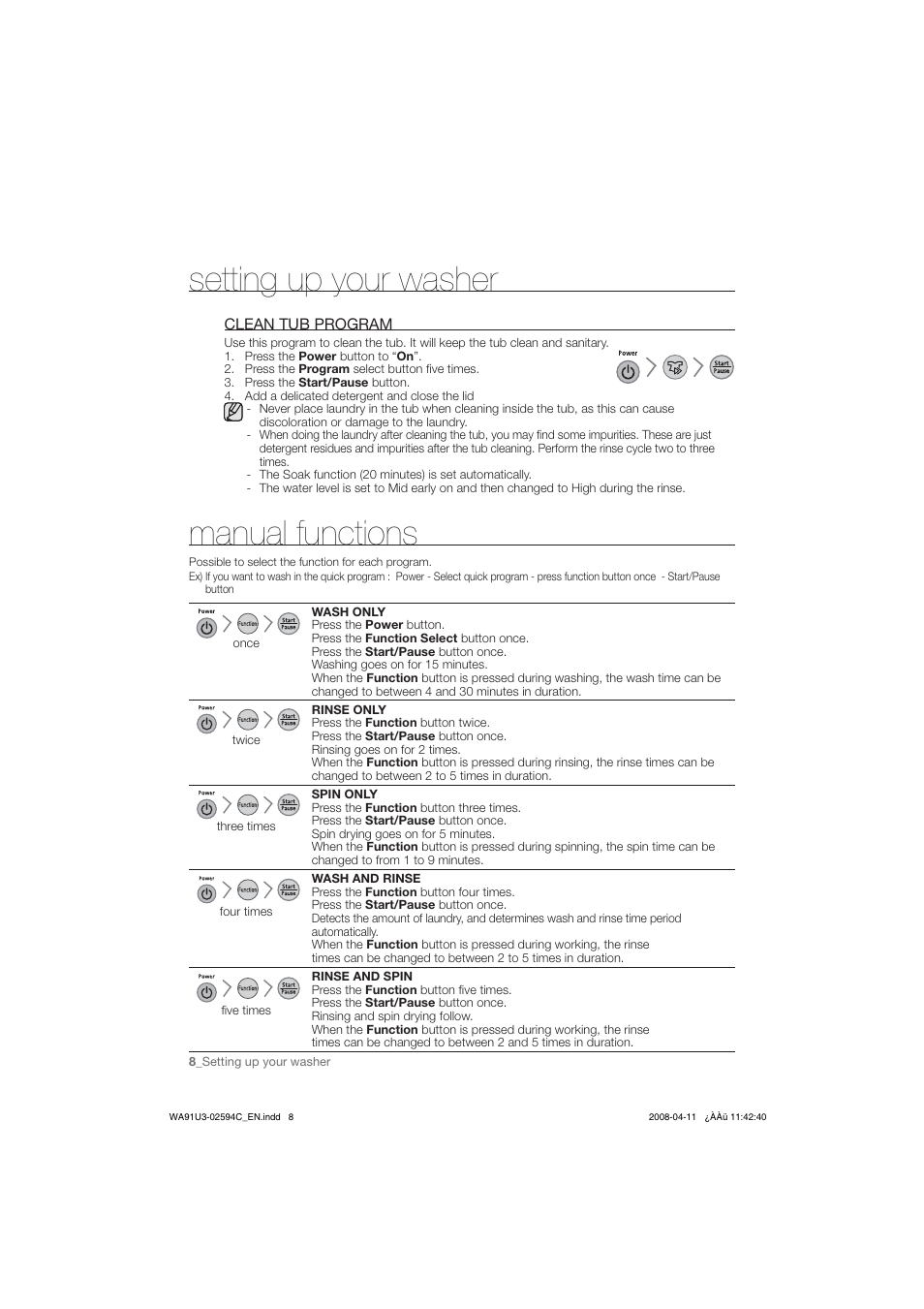 Clean tub program, Manual functions, 8_setting up your washer | Setting up your washer | Samsung WA80V3 User Manual | Page 8 / 12