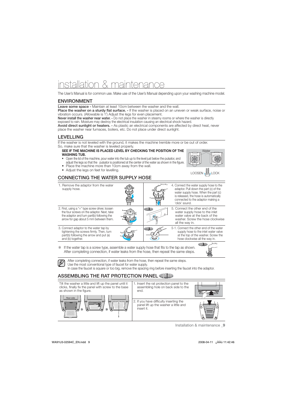 Installation ^ maintonance, Environment, Levelling | Connecting the water supply hose, Assembling the rat protection panfi oitoifalw, Installation & maintenance _9 | Samsung WA80V3 User Manual | Page 9 / 12