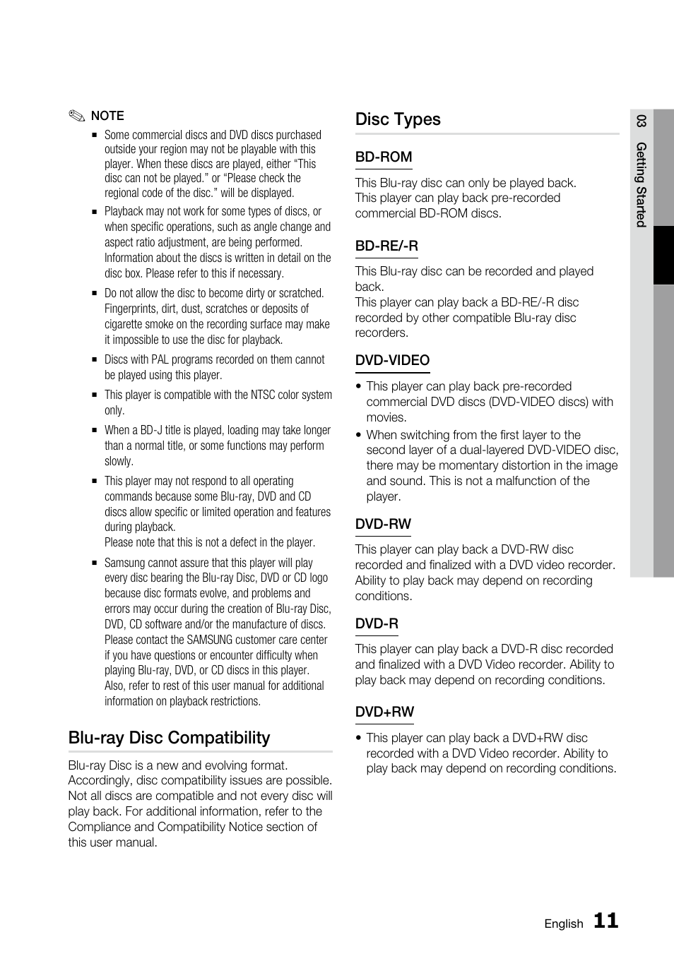 Blu-ray disc compatibility, Disc types | Samsung BD-C5500 User Manual | Page 11 / 67