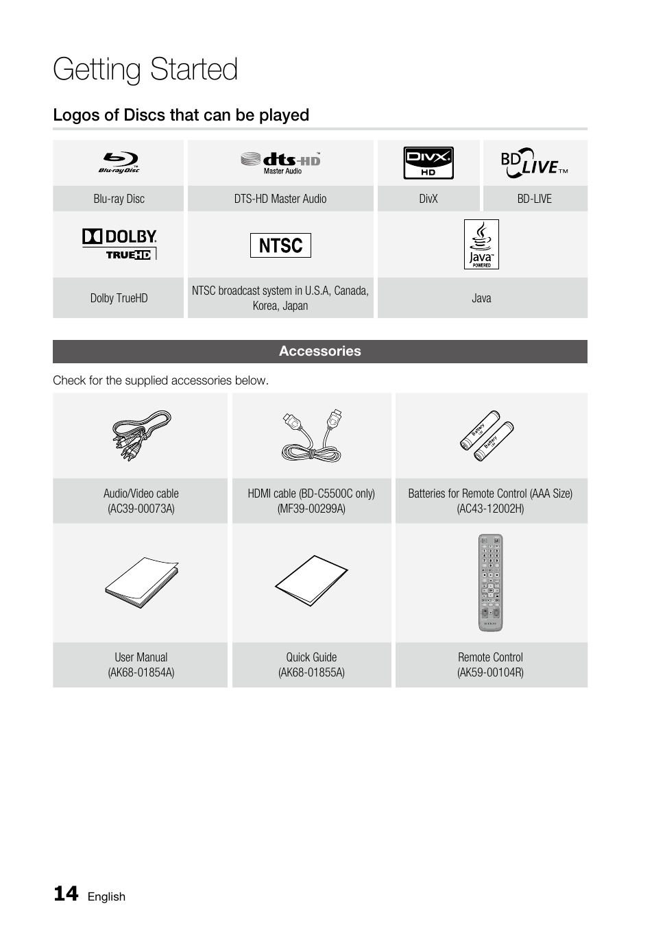 Logos of discs that can be played, Accessories, Getting started | Samsung BD-C5500 User Manual | Page 14 / 67