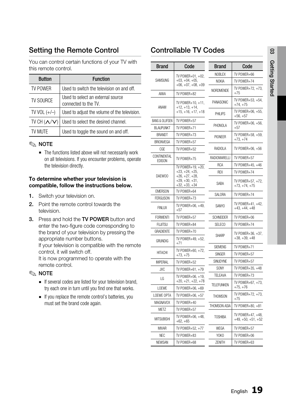 Setting the remote control, Controllable tv codes | Samsung BD-C5500 User Manual | Page 19 / 67