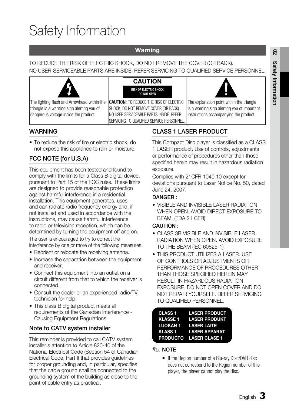 Safety information, Warning | Samsung BD-C5500 User Manual | Page 3 / 67