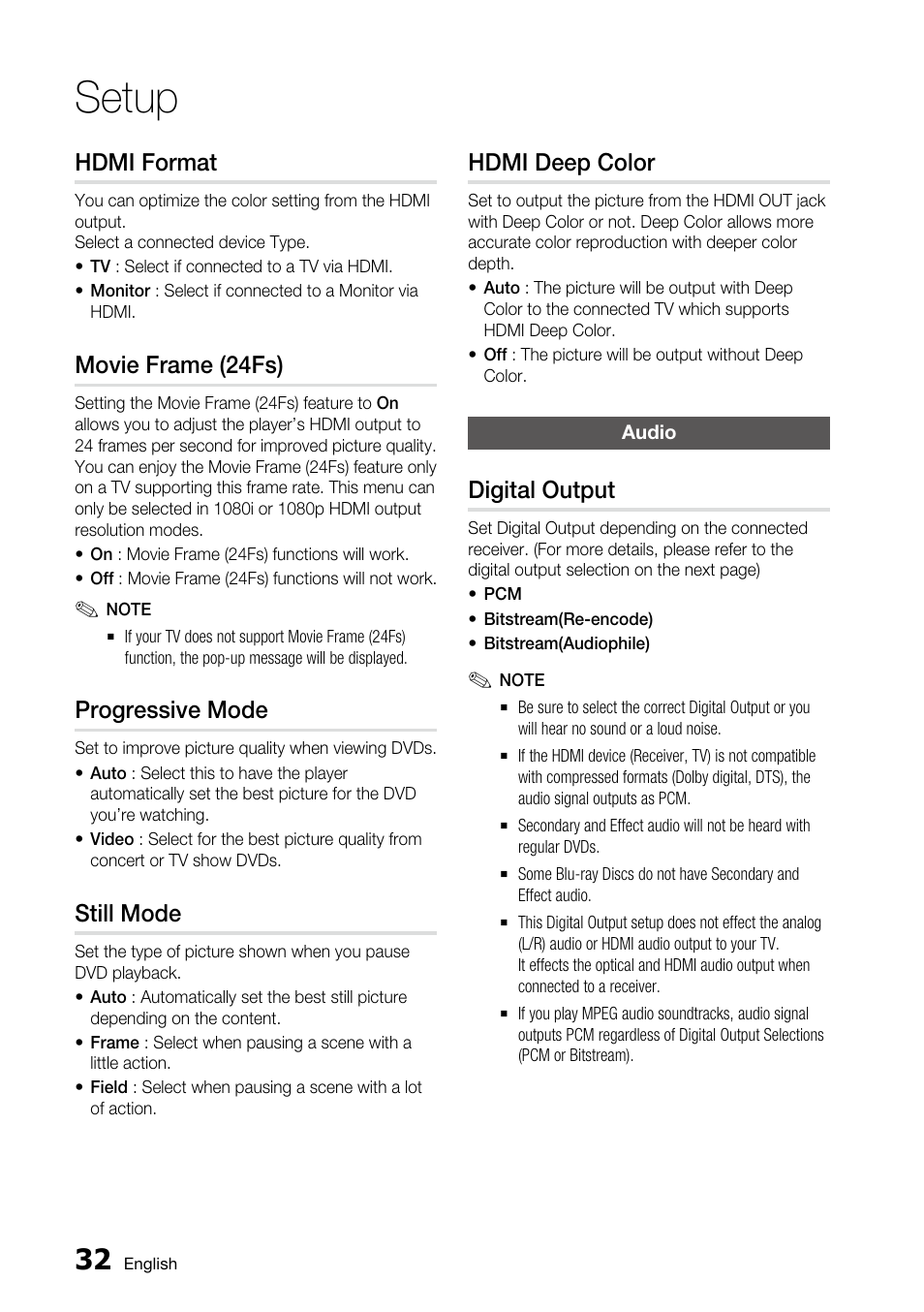 Hdmi format, Movie frame (24fs), Progressive mode | Still mode, Hdmi deep color, Audio, Digital output, Setup | Samsung BD-C5500 User Manual | Page 32 / 67