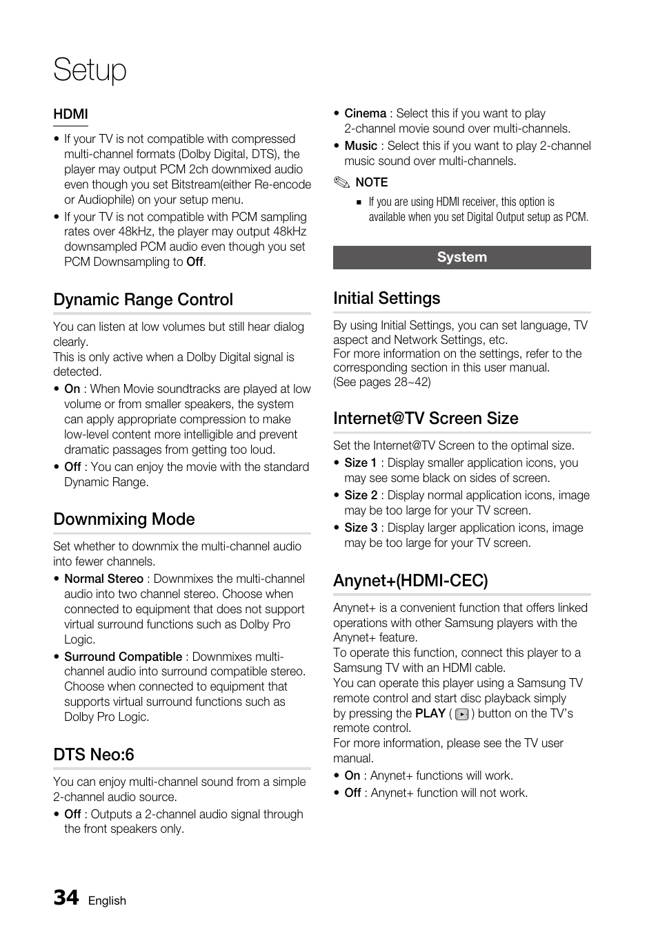 Dynamic range control, Downmixing mode, Dts neo:6 | System, Initial settings, Internet@tv screen size, Anynet+(hdmi-cec), Setup | Samsung BD-C5500 User Manual | Page 34 / 67