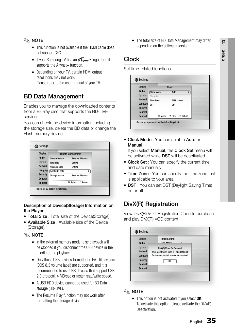 Bd data management, Clock, Divx(r) registration | Samsung BD-C5500 User Manual | Page 35 / 67