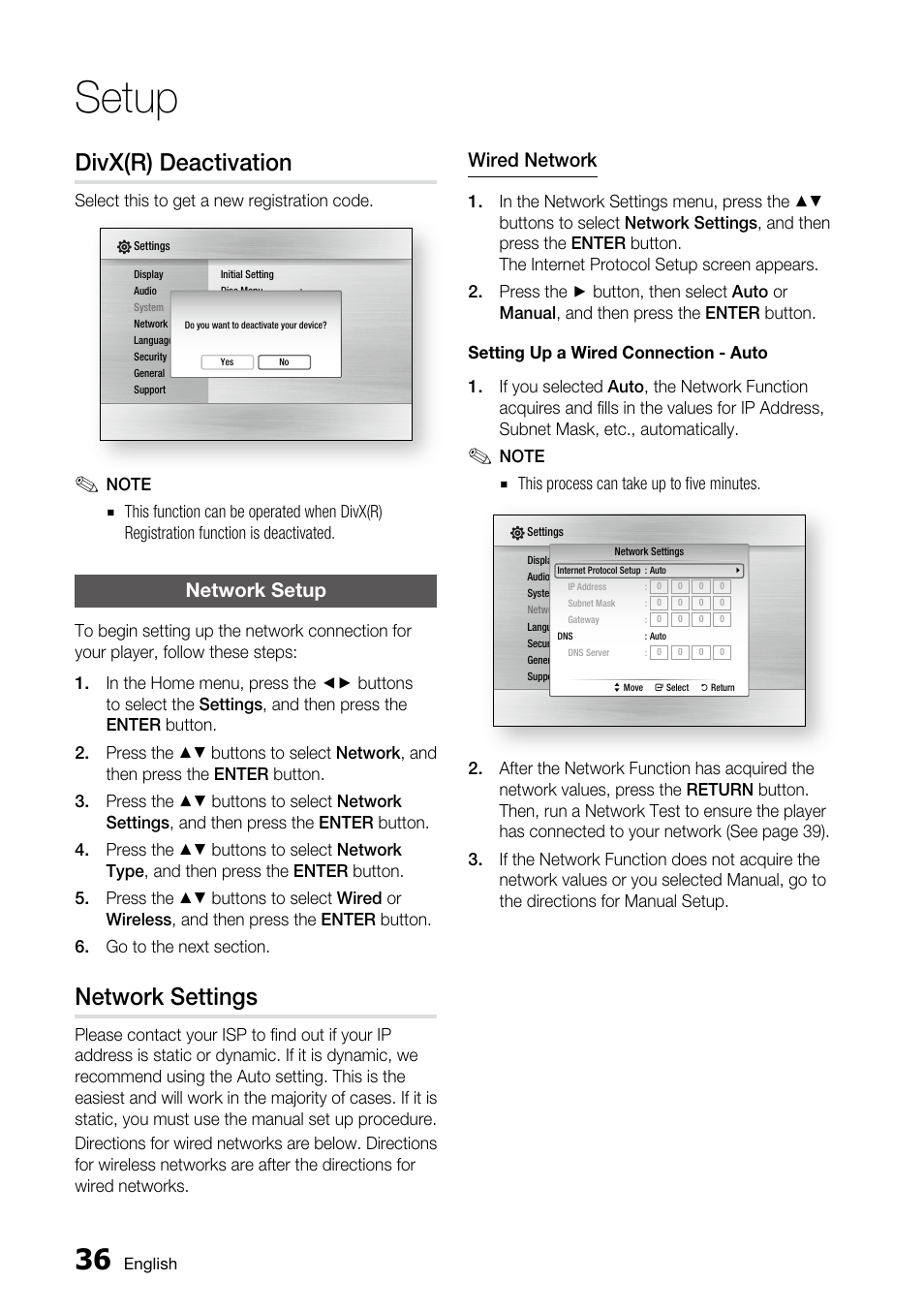 Divx(r) deactivation, Network setup, Network settings | Setup, Wired network | Samsung BD-C5500 User Manual | Page 36 / 67
