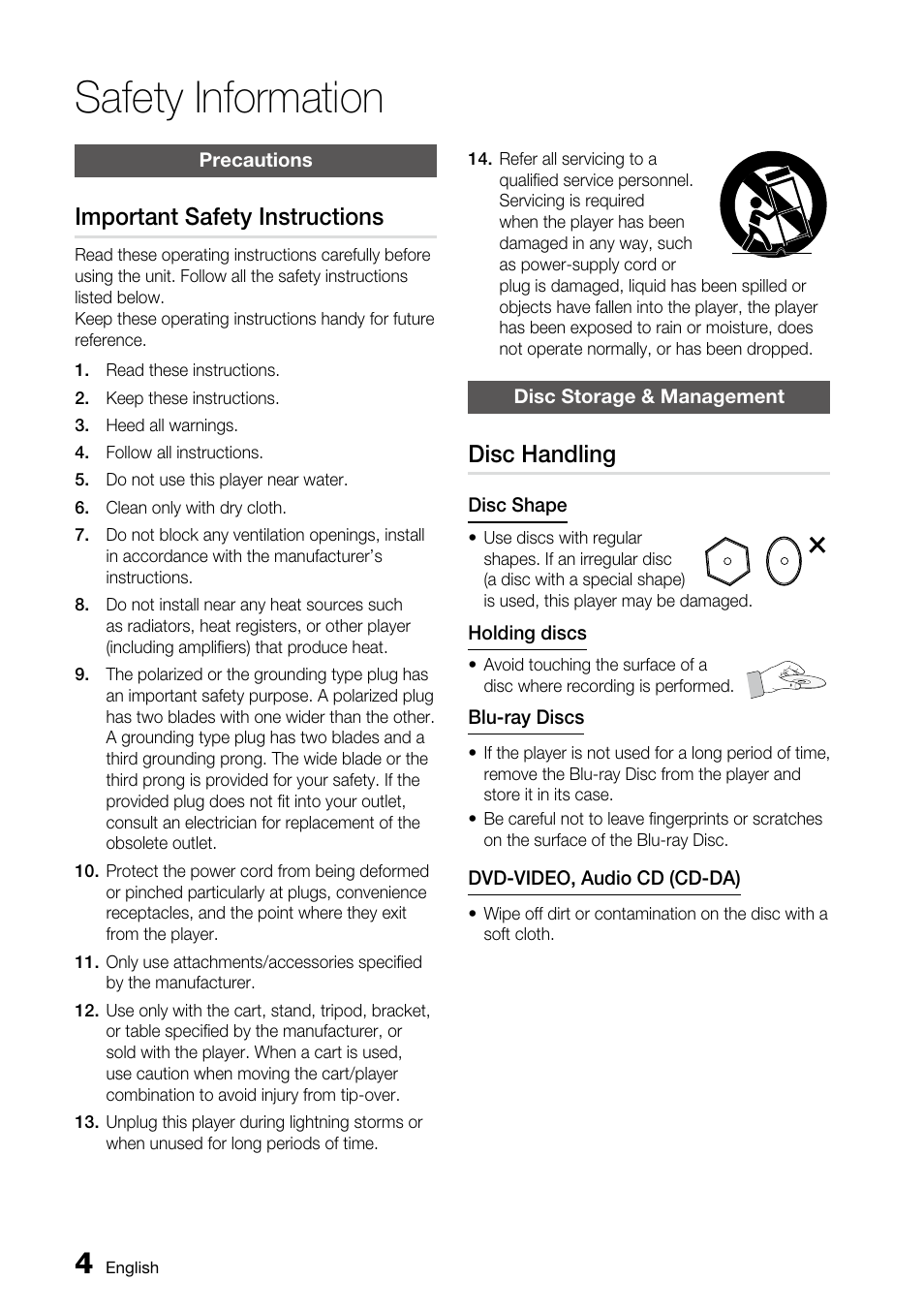 Precautions, Important safety instructions, Disc storage & management | Disc handling, Safety information | Samsung BD-C5500 User Manual | Page 4 / 67