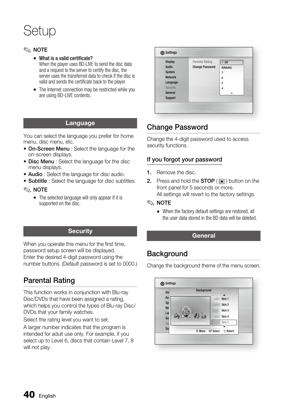 Language, Security, Parental rating | Change password, General, Background, Setup | Samsung BD-C5500 User Manual | Page 40 / 67