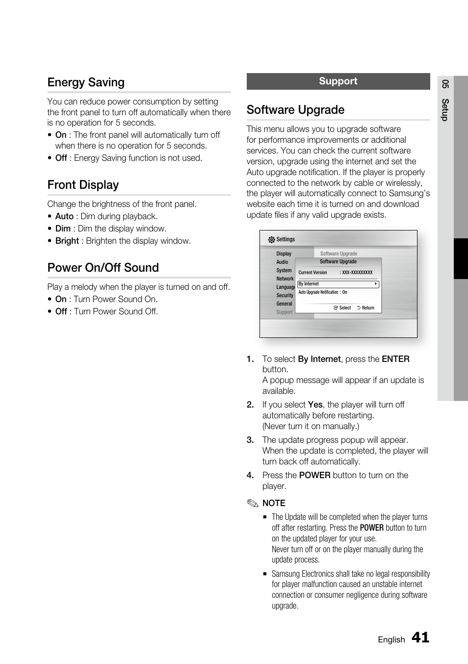 Energy saving, Front display, Power on/off sound | Support, Software upgrade | Samsung BD-C5500 User Manual | Page 41 / 67